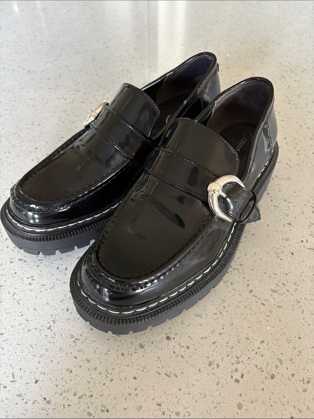 Women's Black Patent Loafers with Silver Buckle